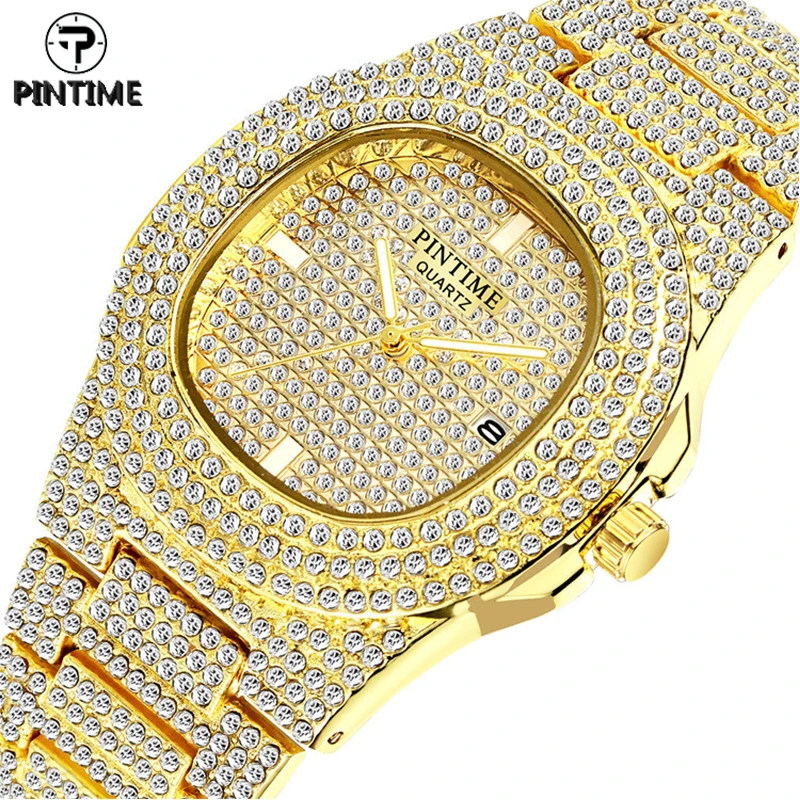 

PINTIME Quartz Watch for Men Women Luxury Full Diamond Hip Hop Rhinestone Gold Watches Wristwatch Male Female Iced Out Clock