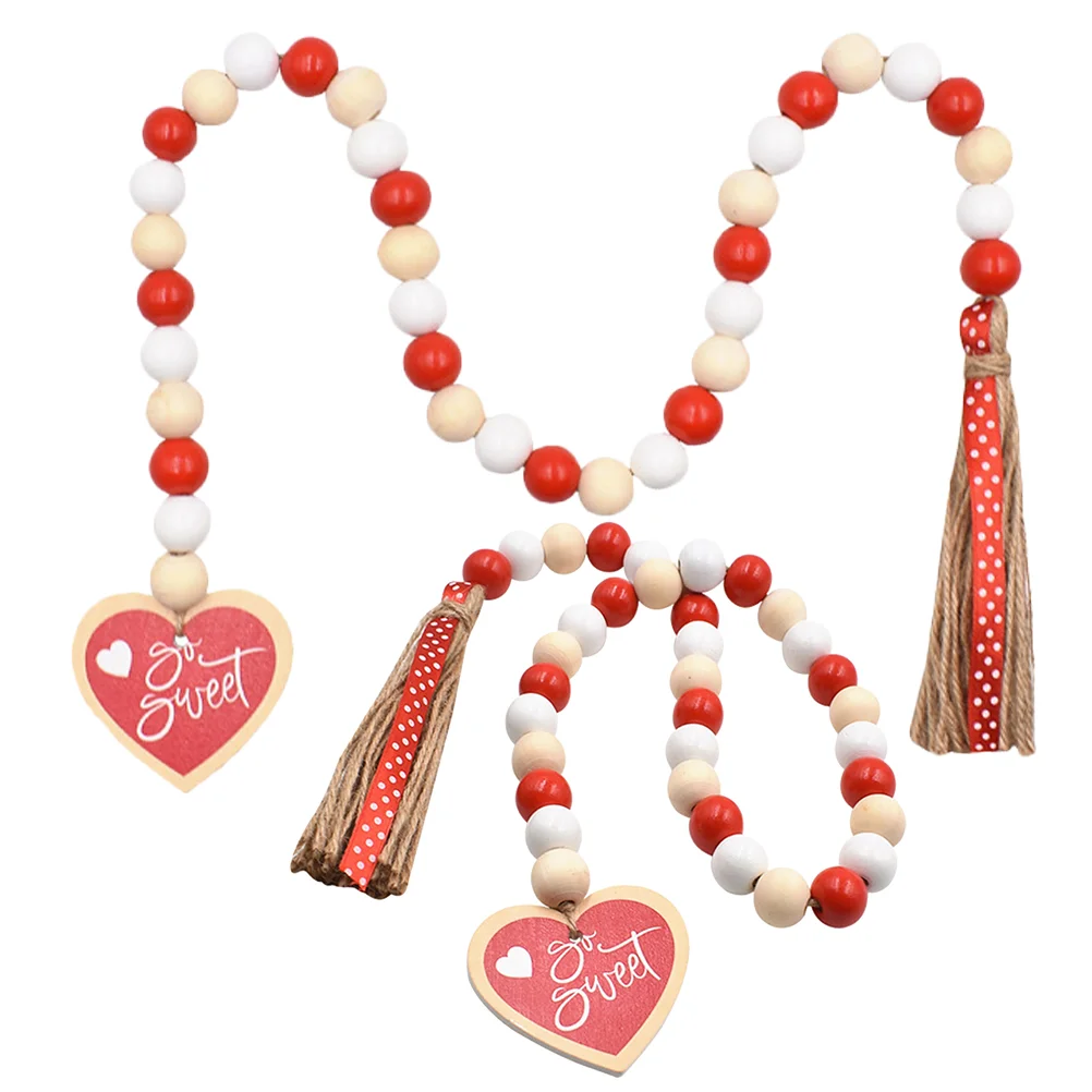 

2pcs Valentine's Day Beaded Garland Hanging Valentine's Day Bead Tassel String Wood Bead Garland