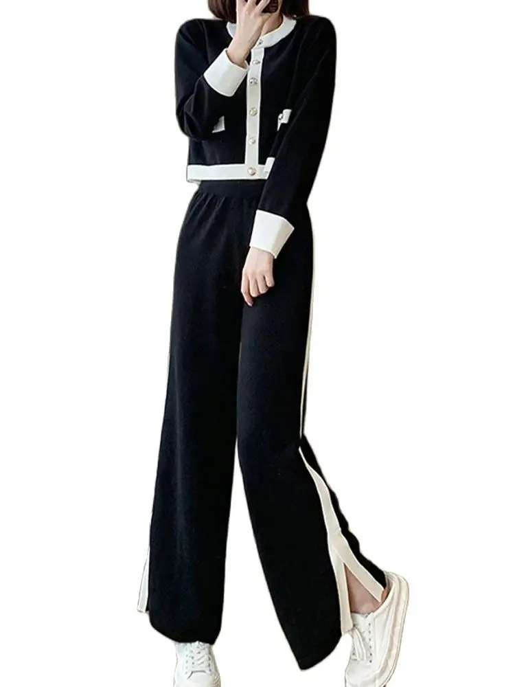 

Casual Knitted Suit Single -Breasted Cardigan+Wide -Leg Trousers Two -Piece 2022 New Korean Fashion Women'S Clothing