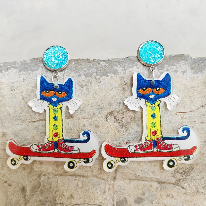 

Learn Cat Skateboard Acrylic Earrings Blue Car Animal Student Teacher Earrings Shiny Royal Blue Stainless Steel Earrings