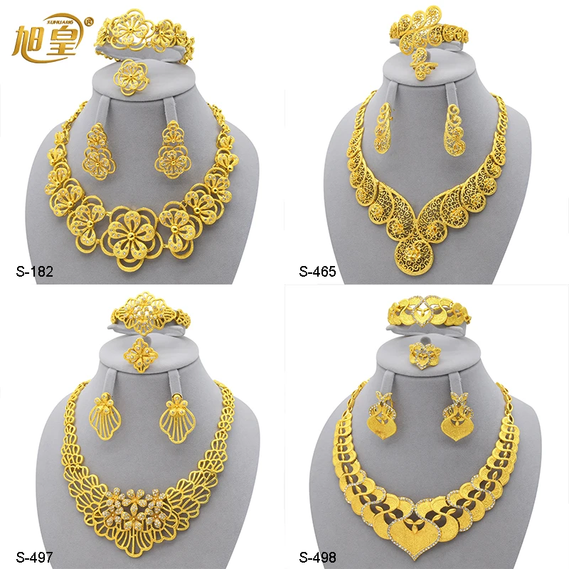 

XUHUANG Dubai Wedding Gold Plated Necklace Bracelet Set For Women Arabic Charm Choker Jewelry Set Banquet Wedding Gift Wholesale