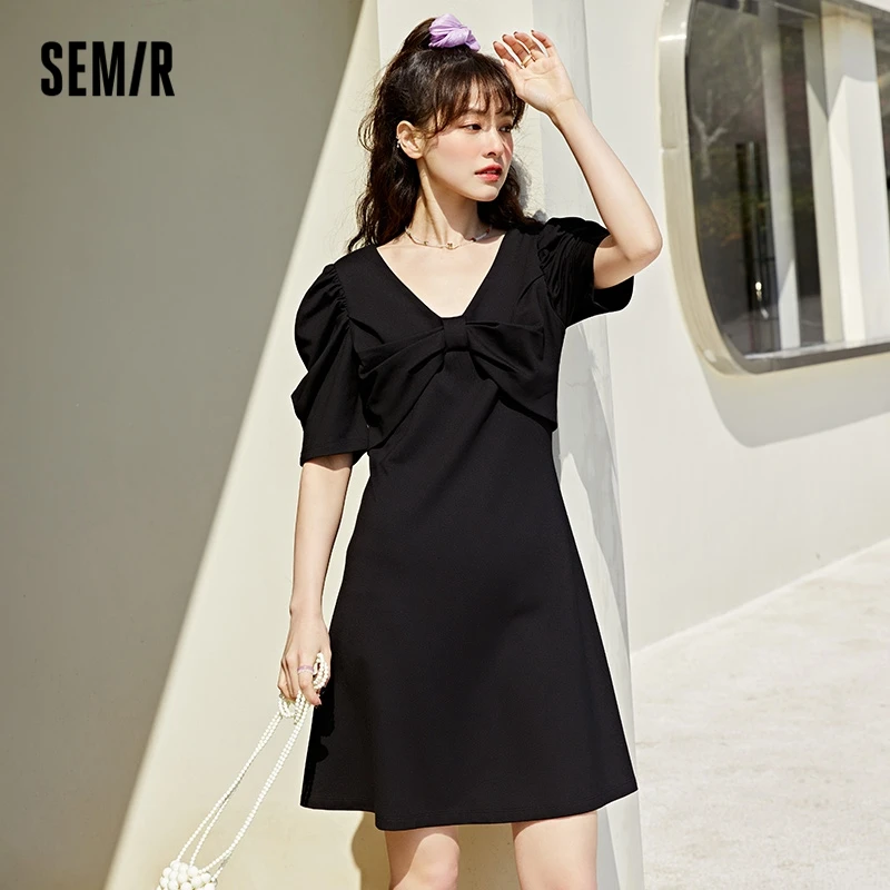 

Semir Dress Women Bow Puff Sleeve Lady 2022 Summer New V-Neck Dress Gentle And Sweet Korean Version