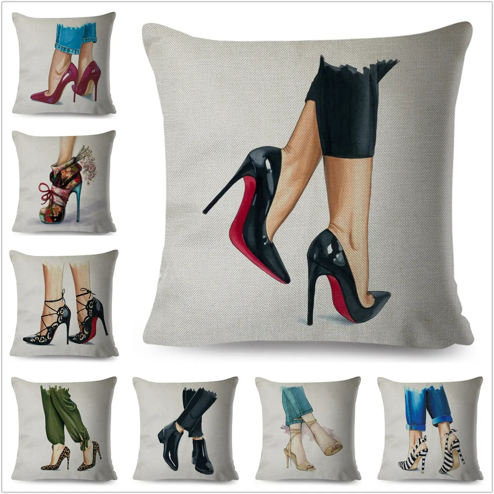

High Heel Shoes Print Cushion Cover Decor Cartoon Lady Pillowcase 100% Polyester Pillow Case for Car Sofa Home 45*45 cm