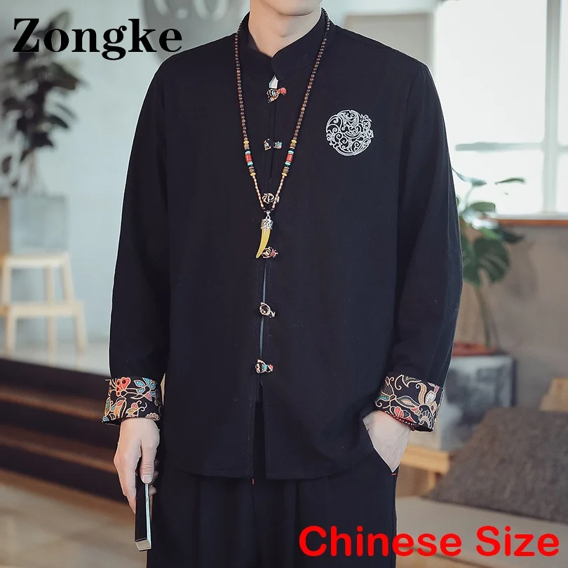 

Zongke Embroidered Linen Shirts Men Clothes Chinese Size 4XL Linen Shirt Men Streetwear Harajuku 2022 Spring New Arrivals