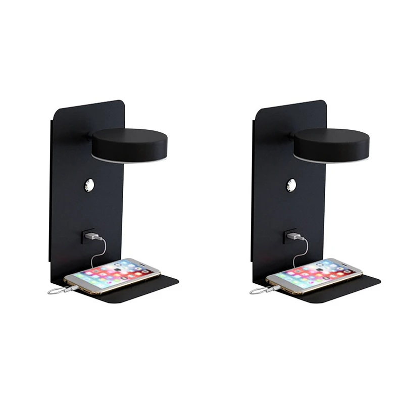 

2X Reading Wall Light With USB Port Charging Creative Rack Bedside Lamp With Switch -Black