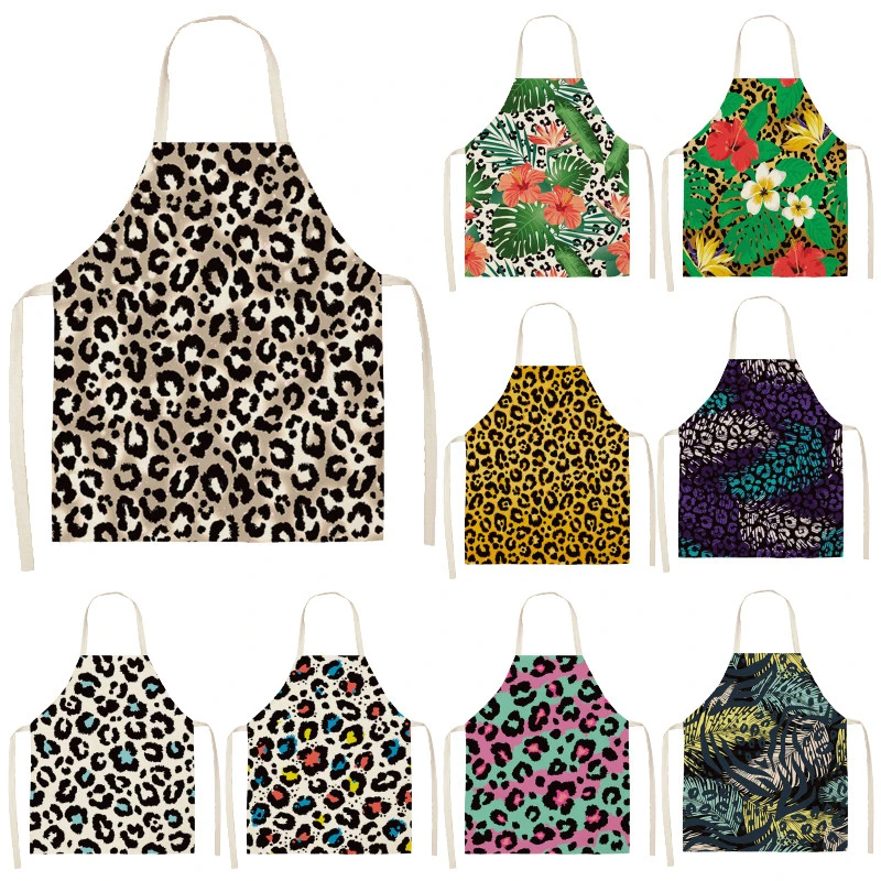 

Leopard Floral Print Sleeveless Apron Kitchen Women's Cotton Linen Apron Household Cooking Baking Oil-proof Anti-fouling Bib