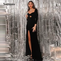 sumnus black elegant straight prom dresses long sleeve satin high split women evening party formal gowns floor length plus size