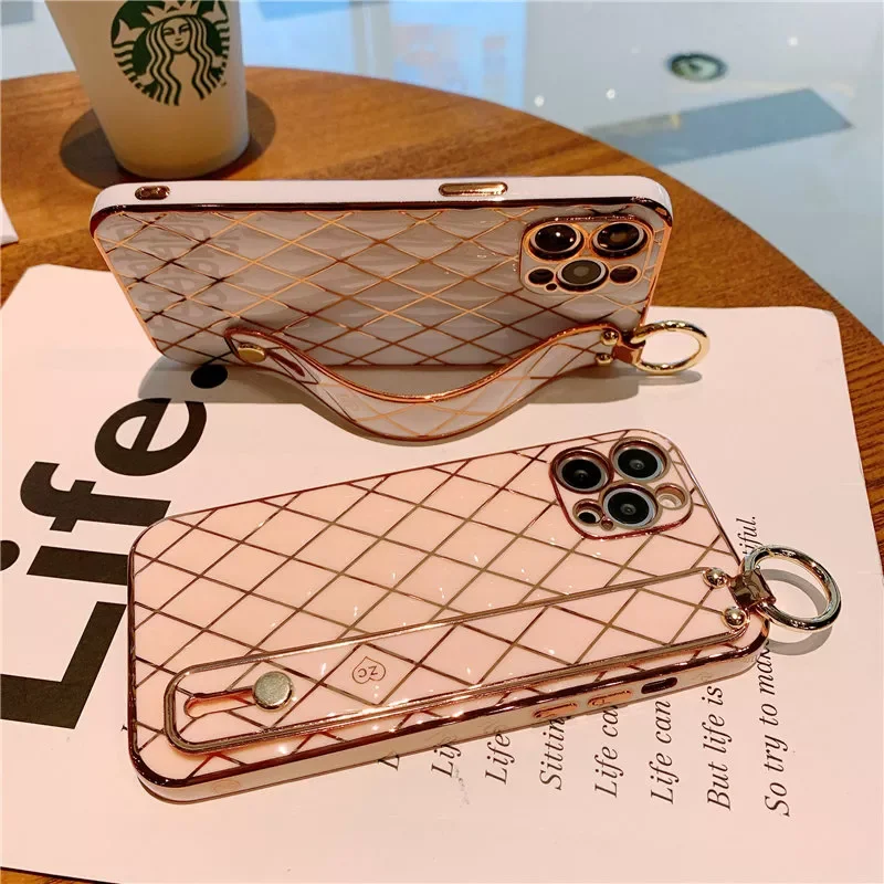 

The newGlitter Gold Electroplated Wrist Strap Ring Stand Case For iPhone 11 13 12 Pro Max Mini XR XS X 8 7 Plus SE Soft Silicone
