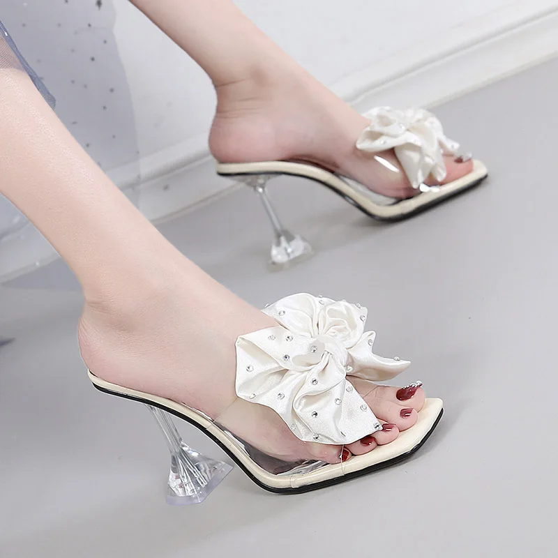 Summer 2022 New Crystal High Heels Women Slippers Slides for Women Fashion Fine-heeled Open-toed Big Flowers Slippers Woman