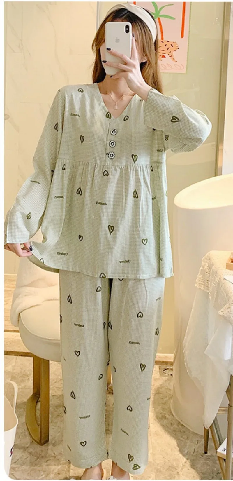 Women Air-Conditioned Leisure Wear V-Neck Suit Cotton Pajamas Youth Thin Online Red Large Size Clothes 3/4 Sleeve Length Simple