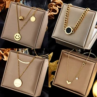 stainless steel fashion retro cute woman gold shiny heart pendant necklace butterfly exquisite double bone chain jewelry gift