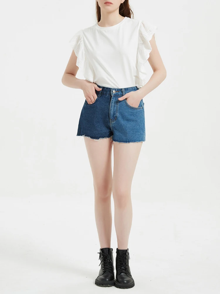 Streetwear Women High Waist Frayed Raw Hem Blue Denim Shorts Summer Female Button Loose Jeans Shorts Bottoms