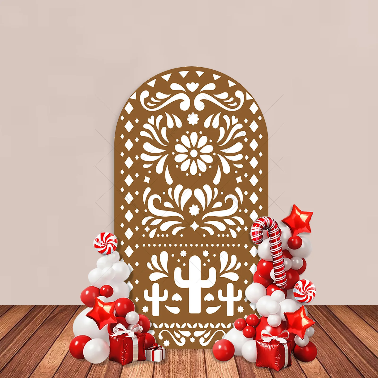 Коричневый бежевый красный Cielito Lindo арочный фон с мексиканским цветком кактуса