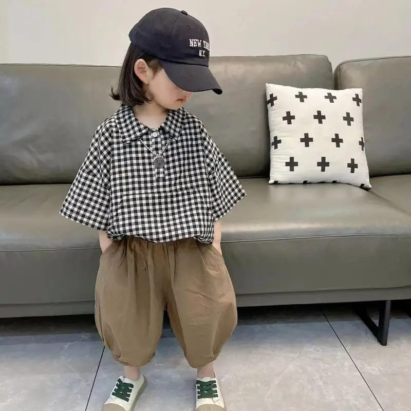 

Plaid 2 Pieces Girls Pants Sets Summer 2022 Loose Shirts And Harem Pants Casual All Match Kids Children Clothing Suits