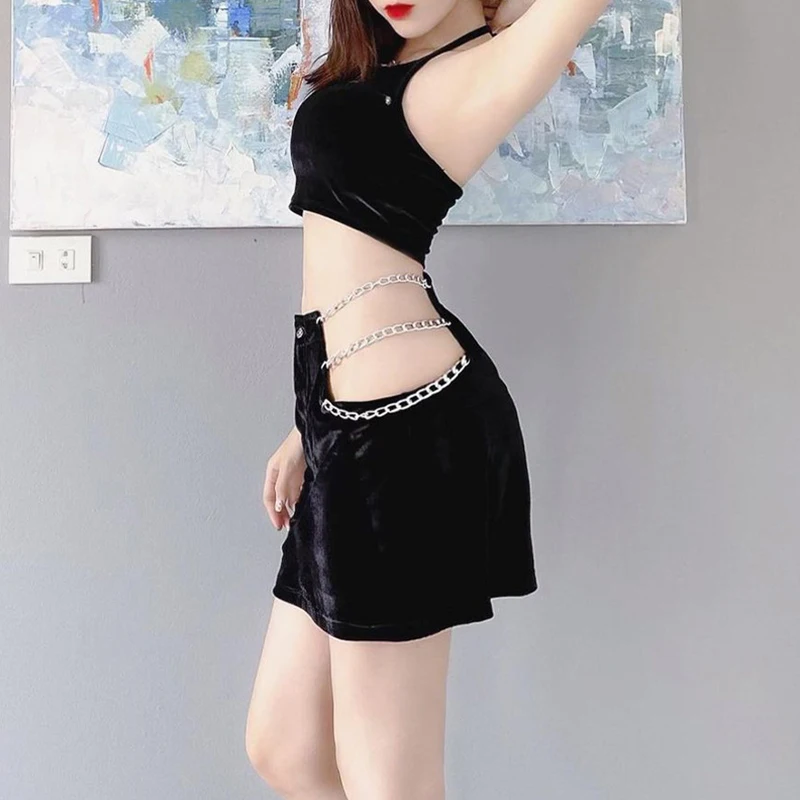 

Women Black Flannel Clothes Set Halter Camis Vest Crop Top Hollow Out Chain Short Skirt Lady Summer Sexy Clubwear Outfits New