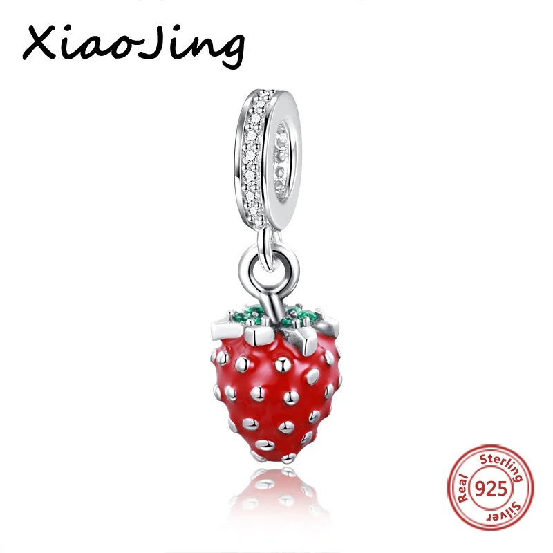 

925 Sterling Silver Fruit Strawberry Red Enamel Charms with Zircon Fit Pandora Bracelet Pendant Bead Jewelry Making for Gifts
