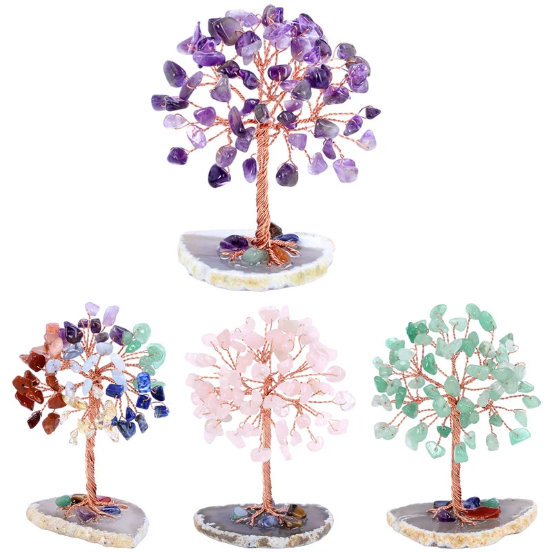 

Mini Crystal Tree Copper Wire Gemstone Tree Feng Shui Ornament Agate Slice Base Reiki Chakra Stone Home Decor