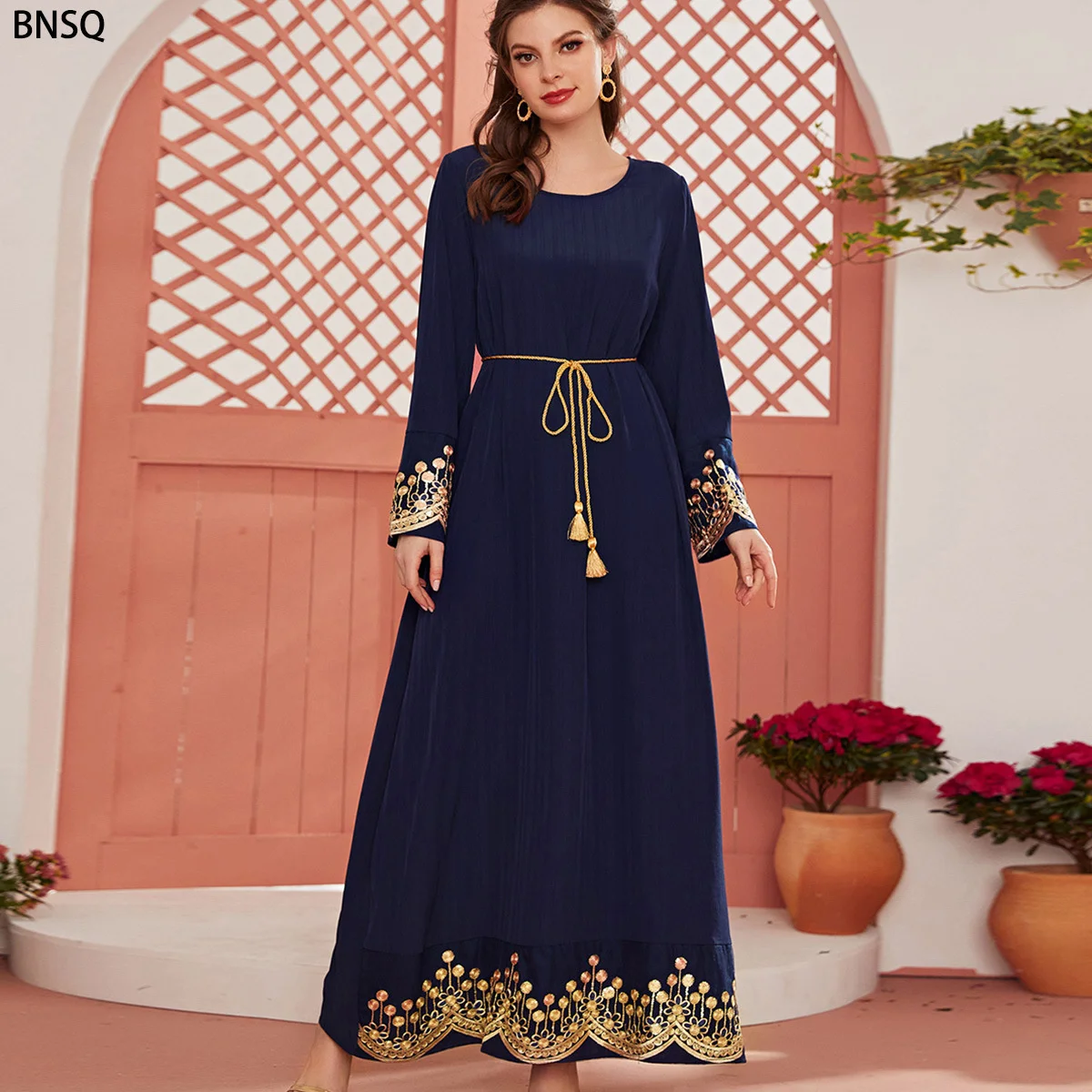 

Women's Urban Leisure Long Sleeve National Style Blue Lace Embroidery Sequin National Dress