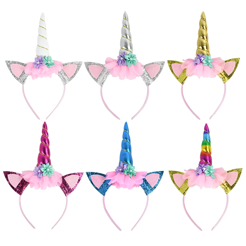 

Kids Unicorn Headband Girl Birthday Flower Horn Headwear Women Hair Hoop Hairbands Baby Shower Unicorn Party Decor Accessories