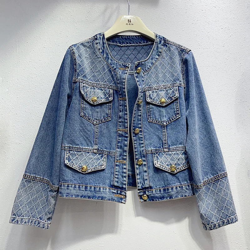 

2023 Spring Autumn Women Vintage Plaid Slim Short Denim Jackets Round Collar Single-breasted Long Sleeve Blue Jeans Jacket Coat