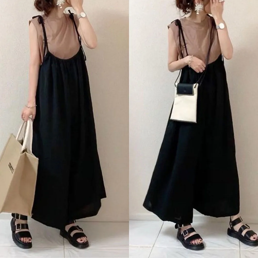 

One Piece Summer Jumpsuit Women Plain Casual Trousers Ladies Fashion Loose Mid Waist Full Length Fall Wide Leg Suspenders New