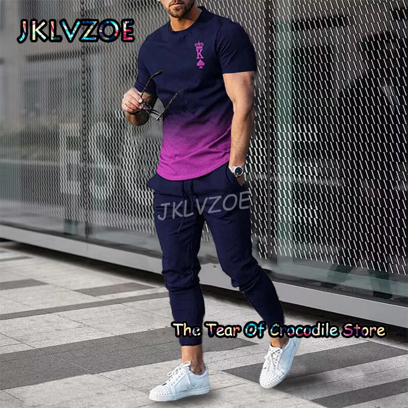 2023 Men's T Shirt+Pants Trousers Tracksuit 2 Piece Set 3D Printing Summer Dark stripe Trend Outfit Short Sleeve Street Clothing