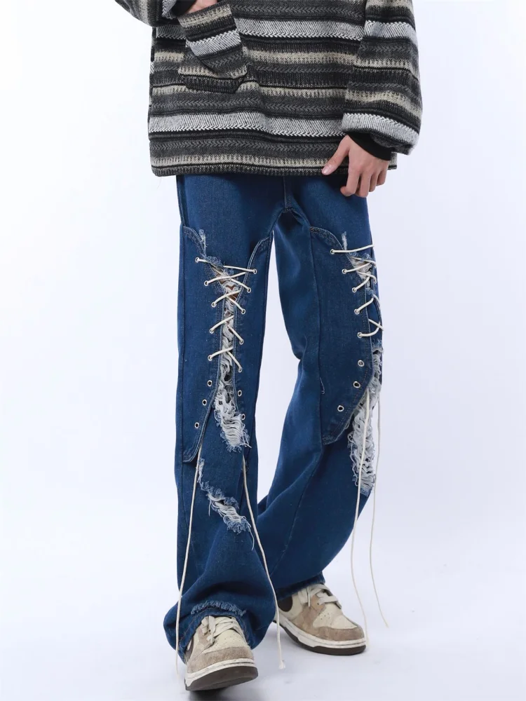 DEEPTOWN Y2K Loose Ripped Jeans Men Designer Straight Denim Pants Male Blue Washed Hole Trousers Streetwear Hip Hop Fashion