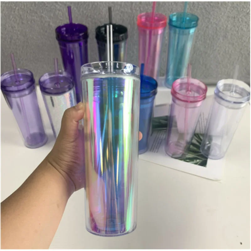 

19oz 20oz as Plastic Double Straw Acrylic Straight Cup Travel Coffee Cup Skinny Tumbler with Transparent Milk Cold Drink