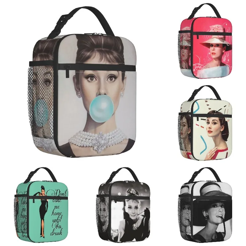 

Custom Audrey Hepburn Bubble Gum Lunch Bag Women Cooler Warm Insulated Lunch Box for Student School