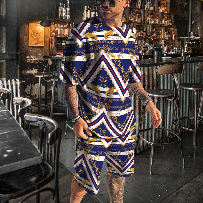 

2023 Summer New Men's T-shirt+Shorts Two Piece Sport 3D Printing Casual Street Fashion Retro Round Neck Set