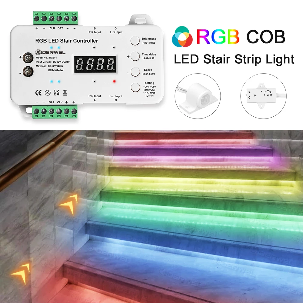 RGB COB Stair Light Strip DC24V PIR Motion Sensor Dimming Daylight Sensor Easy Connect & Installation For Stairs Step Controller