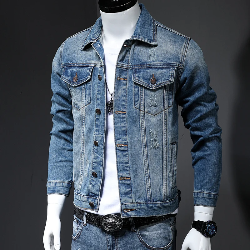 Джинсовая куртка мужская в стиле ретро приталенный пиджак из потертого денима