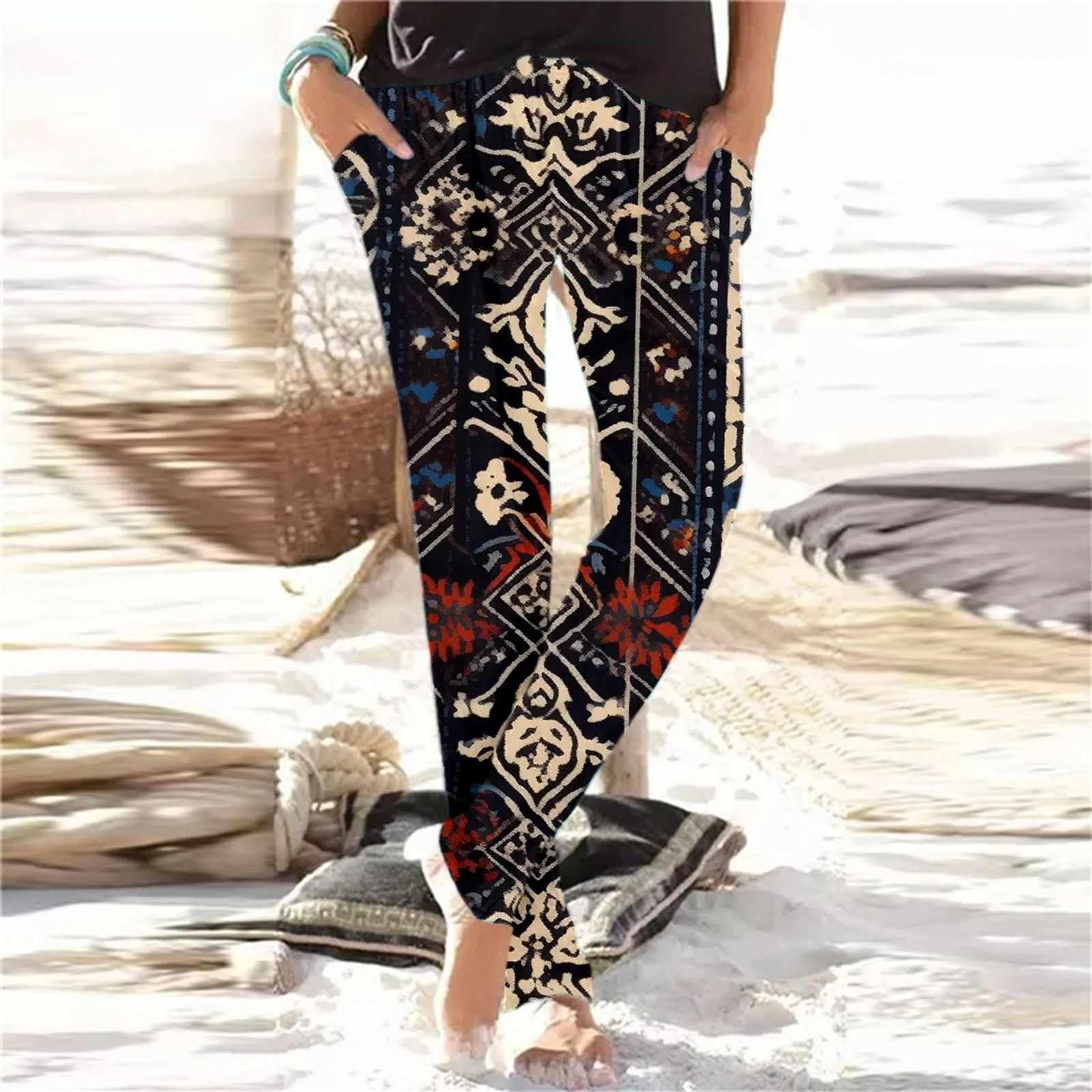 

Женские брюки, летние штаны с цветочным принтом, уличная одежда в стиле бохо, свободный пляжный спортивный костюм, леггинсы для похудения, спортивные тренировочные штаны 2023