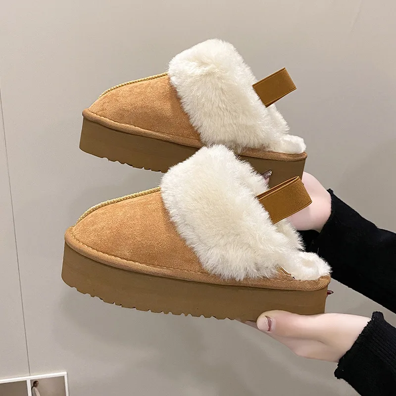 

Winter Plush Cotton Women's Slippers Fashion Flat Shoes 2023 Thick Soled Leisure Home Suede Leather Warm Shoulder Strap Slippers