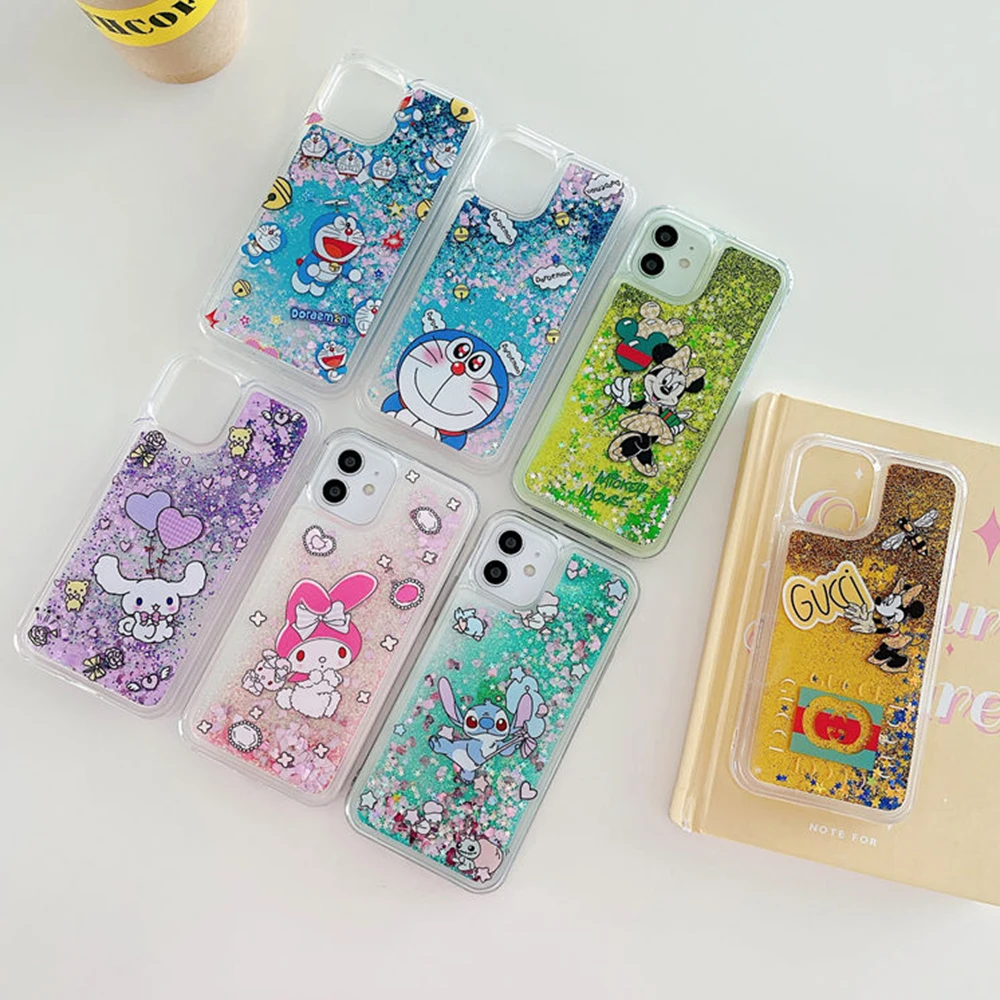 

Disney Mickey Minnie Stitch Sanrio melody Phone Case For Iphone 11 12 13 Pro Max mini X Xs Xr 6 7 8 Plus SE 2020 Quicksand Cover