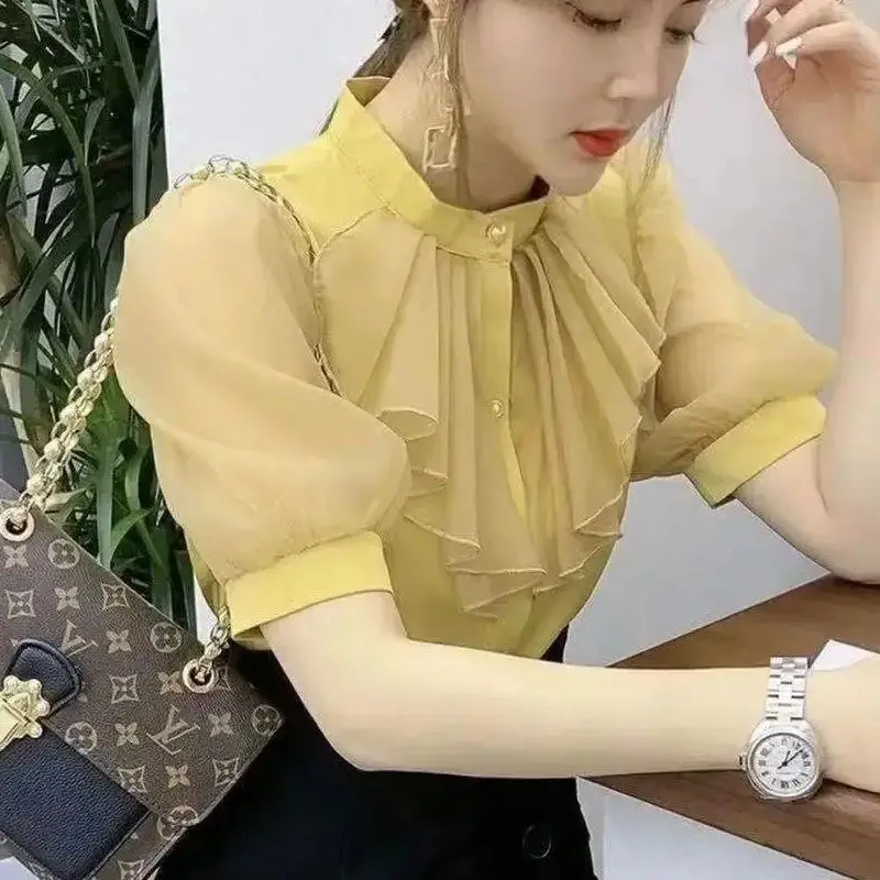 

Sweet Solid Color Lantern Sleeve Gauze Ruffles Shirt Women's Clothing 2023 Spring New Casual Tops Office Lady Blouse