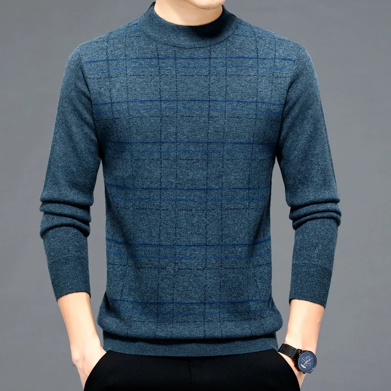 

Autumn and Winter High-End Men's Sweater 100% Pure Wool Warm Thickened Plaid Jacquard Business Casual Knitted Men's Clothing