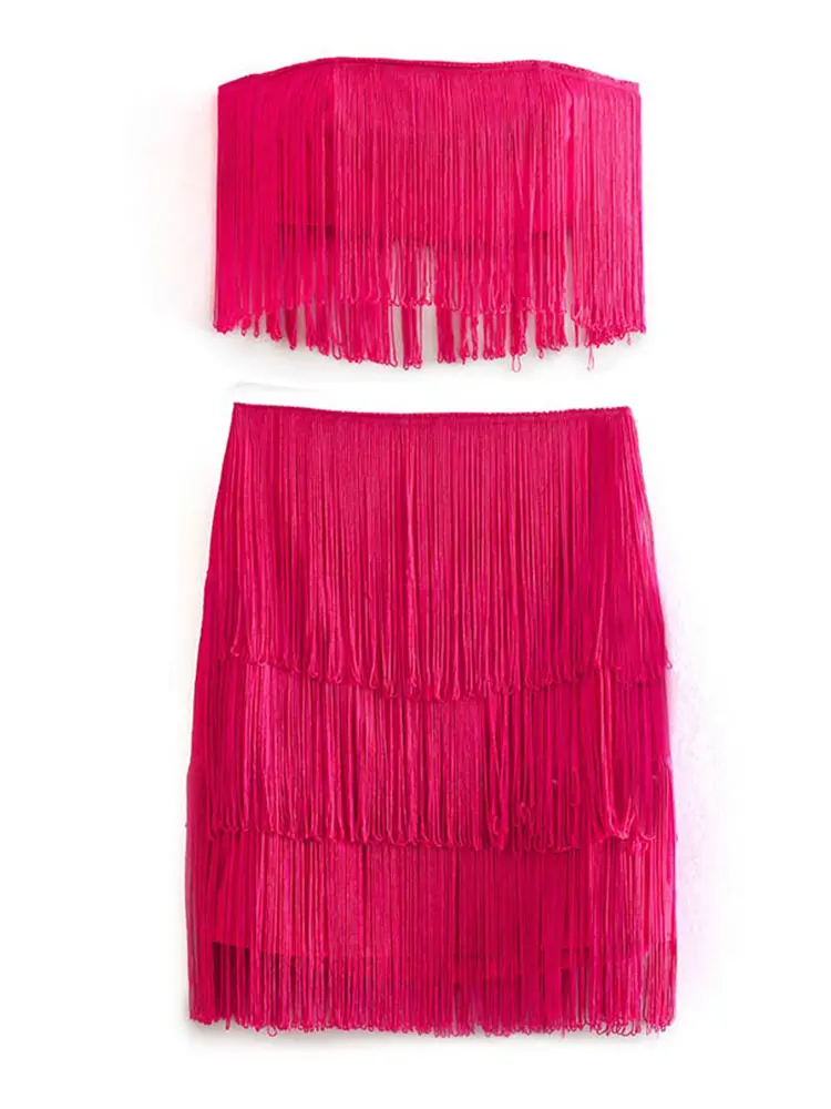 

Sexy Tassel Strapless Tops Set Women Fashion Back Zipper Skirt Two Piece Sets Spring Summer Casual Lady Dance Party Club Outfits