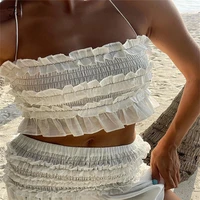 womens sleeveless navel cropped tops vest solid color hanging neck pleated tank tops summer backless party club beach camisole