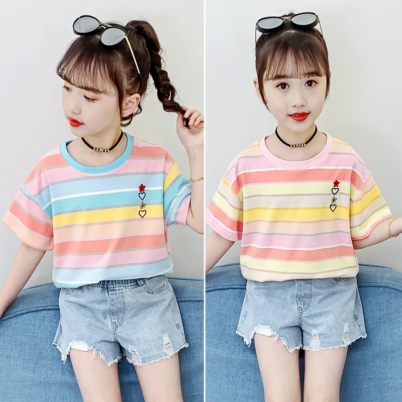 

2022 Summer Short Sleeve T-shirt Girls Tee Shirt Loose Striped Basic T Shirt Children Casual O-neck Hipster T Shirt Top 6 8 10 Y