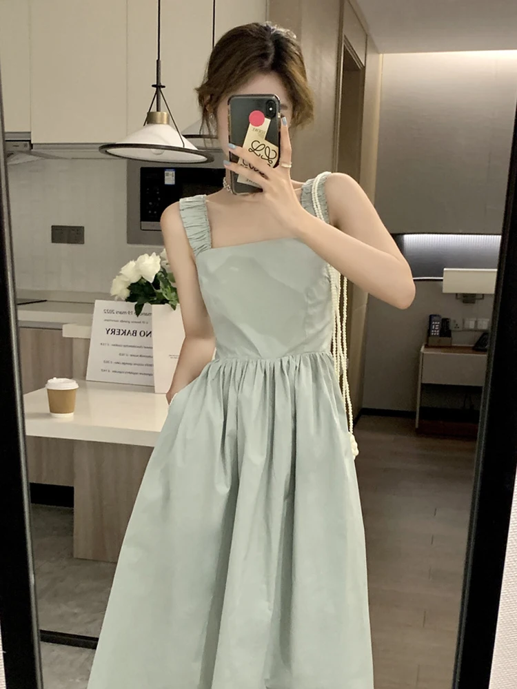 

Summer Women Dress French Style Square Collar Sleeveless Temperament Dresses New High Waist A-Line Vestidos Female