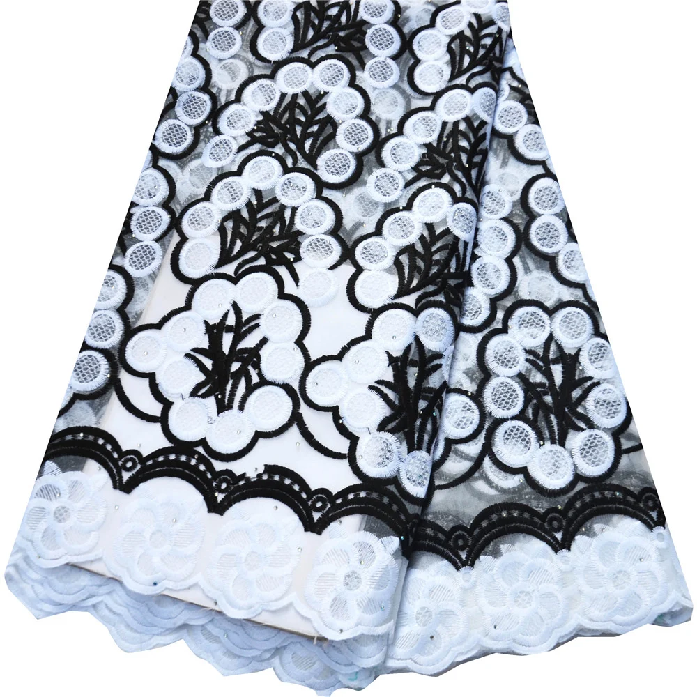 

White&Black African Mesh Lace Fabric High Quality Embroidery French Silk Milk Class Design Nigerian Lace Fabrics 5 Yards F2884