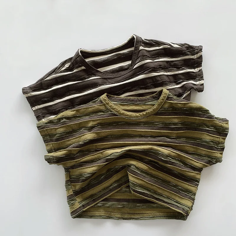 

Children Boy Summer Casual Loose Striped T-shirt Kid Simple All-match Short Sleeves Tops Baby Girl Thin Cotton Tshirt