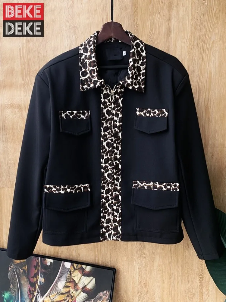 

Куртка мужская демисезонная короткая на молнии с длинным рукавом и леопардовым принтом