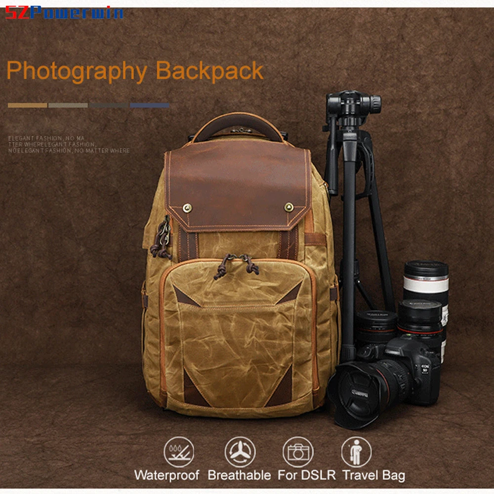 

Powerwin Waterproof Retro Batik Canvas Leather Camera Backpack USB Port DSLR SLR Bag for Canon/Nikon Lens 15.4 Inch Laptop