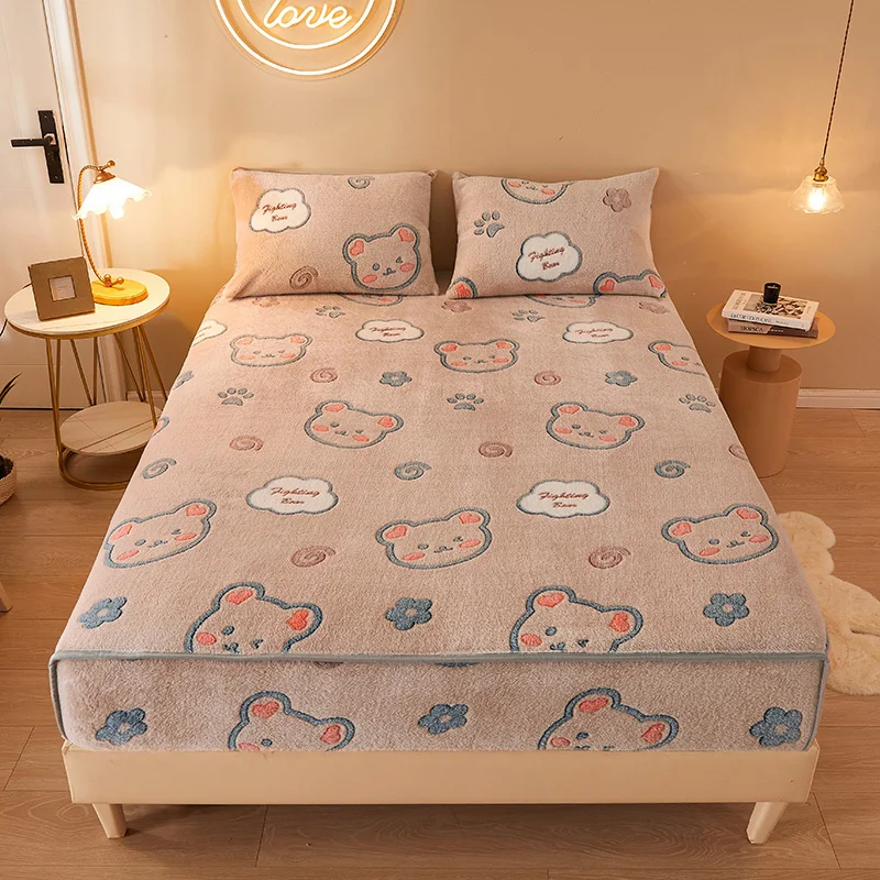 

Fashion Embossed Flannel Fitted Bed Sheet Winter Warm Stretch Bed Mattress Protector Cover Cartoon Print Short Plush Bed Sheet