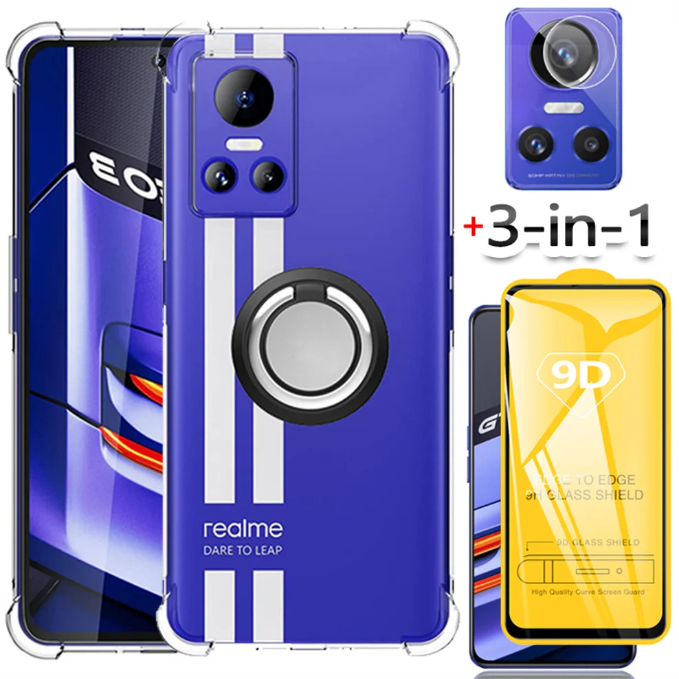 

3-in-1,finger ring stand case+glass for realme gt neo 3 5g shockproof silicone phone cases realmi gt neo 3t cover realme gt neo3