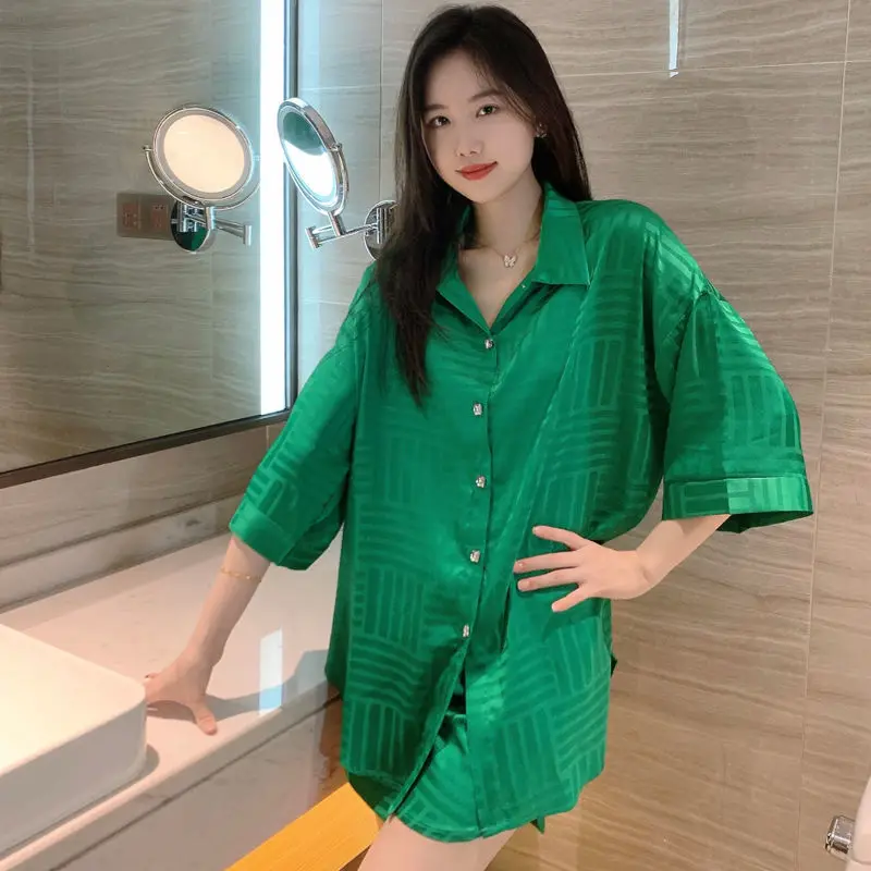 Summer Striped Solid Fashion Designer Brand Pijamas Women Set 2 Pieces Short Pajamas Silk Satin Sleepwear Nightwear Lounge Wear