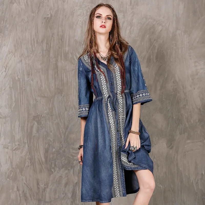 

High-end Luxury Designer Clothing Denim Dress Short Sleeves Women Vintage Embroidery Single-breasted Korean Fashion Party Dress