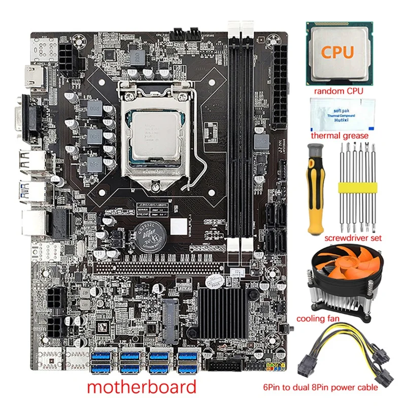 8 GPU B75 BTC Mining Motherboard+CPU+Fan+Thermal Paste+Power Cable+Screwdriver 8X USB 3.0 Slot LGA1155 DDR3 RAM SATA3.0